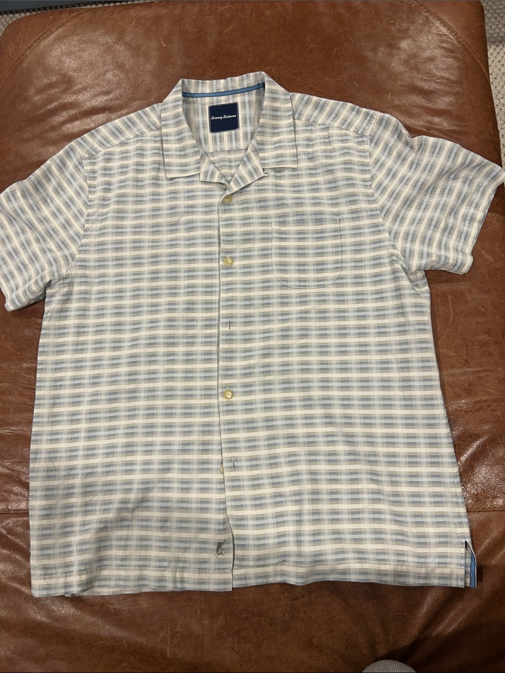 Tommy Bahama Light Blue and White Plaid Short-Sleeve Camp Shirt